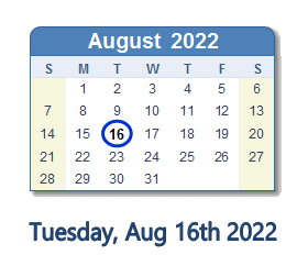 16 August 2022 calendar