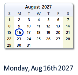 16 August 2027 calendar
