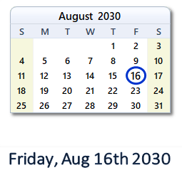August 16, 2030 calendar