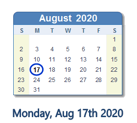 August 17, 2020 Calendar with Holidays & Count Down - USA