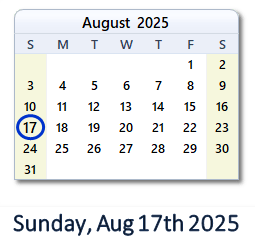 17 August 2025 calendar