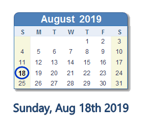 August 18, 2019 calendar