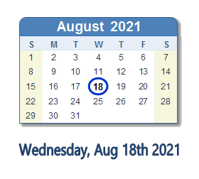 18 August 2021 calendar