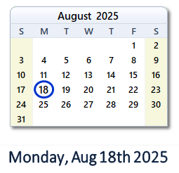 18 August 2025 calendar