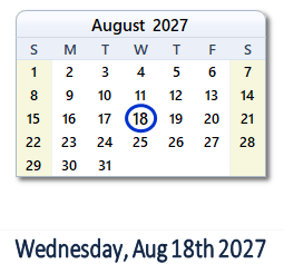 August 18, 2027 calendar