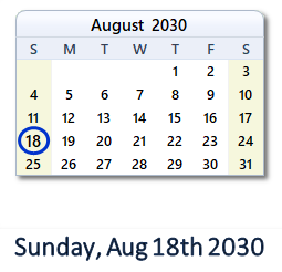 August 18, 2030 calendar