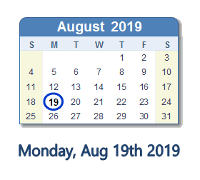 August 19, 2019 calendar