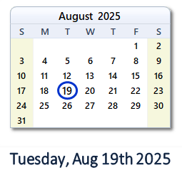 19 August 2025 calendar