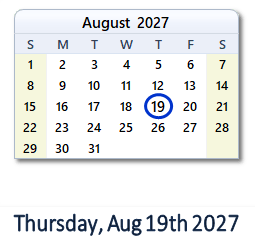 August 19, 2027 calendar