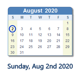 August 2, 2020 calendar