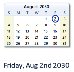 August 2, 2030 calendar