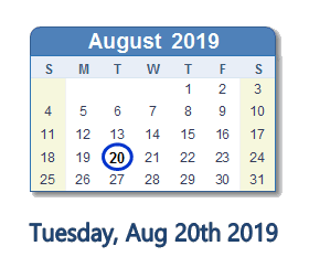 August 20, 2019 calendar