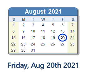 August 20, 2021 calendar