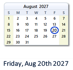 August 20, 2027 calendar