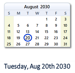 August 20, 2030 calendar