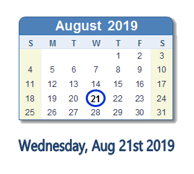 August 21, 2019 calendar