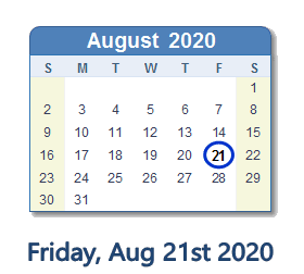August 21, 2020 calendar