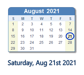 21 August 2021 calendar