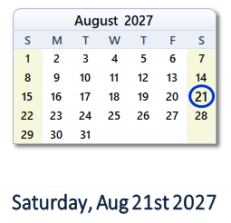 August 21, 2027 calendar