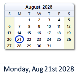 August 21, 2028 calendar