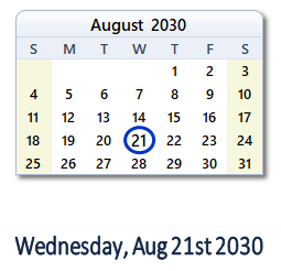 August 21, 2030 calendar