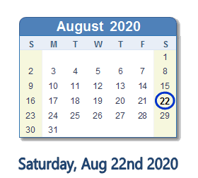 August 22, 2020 calendar