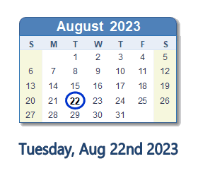 22 August 2023 calendar