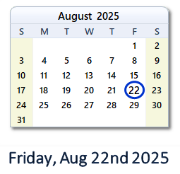 22 August 2025 calendar