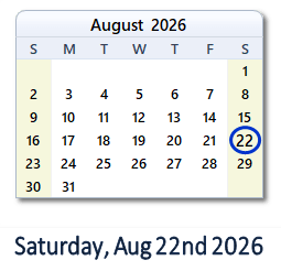 22 August 2026 calendar