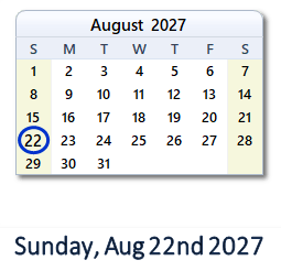 22 August 2027 calendar