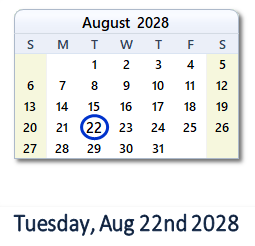 August 22, 2028 calendar