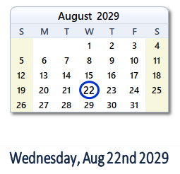 August 22, 2029 calendar
