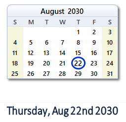 August 22, 2030 calendar