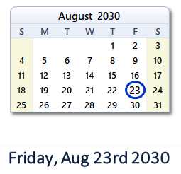 August 23, 2030 calendar