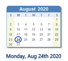 August 24, 2020 calendar