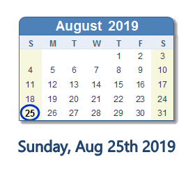 August 25, 2019 calendar