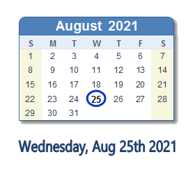 August 25, 2021 calendar