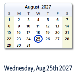 August 25, 2027 calendar