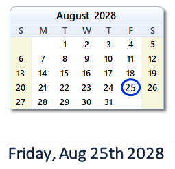 August 25, 2028 calendar