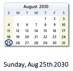 August 25, 2030 calendar
