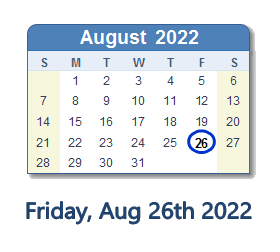 26 August 2022 calendar