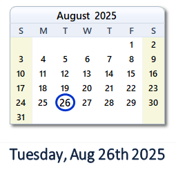 26 August 2025 calendar