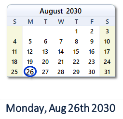 August 26, 2030 calendar