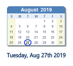 August 27, 2019 calendar
