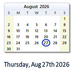 27 August 2026 calendar