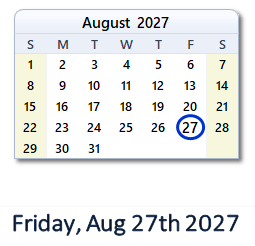 27 August 2027 calendar