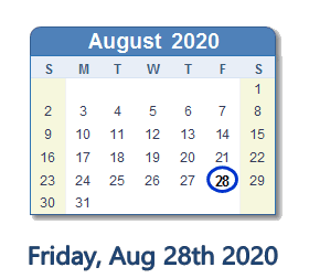 August 28, 2020 calendar