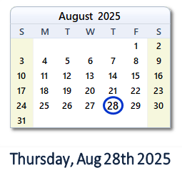 28 August 2025 calendar