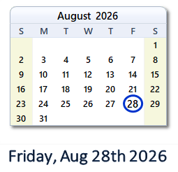 28 August 2026 calendar