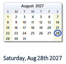 28 August 2027 calendar